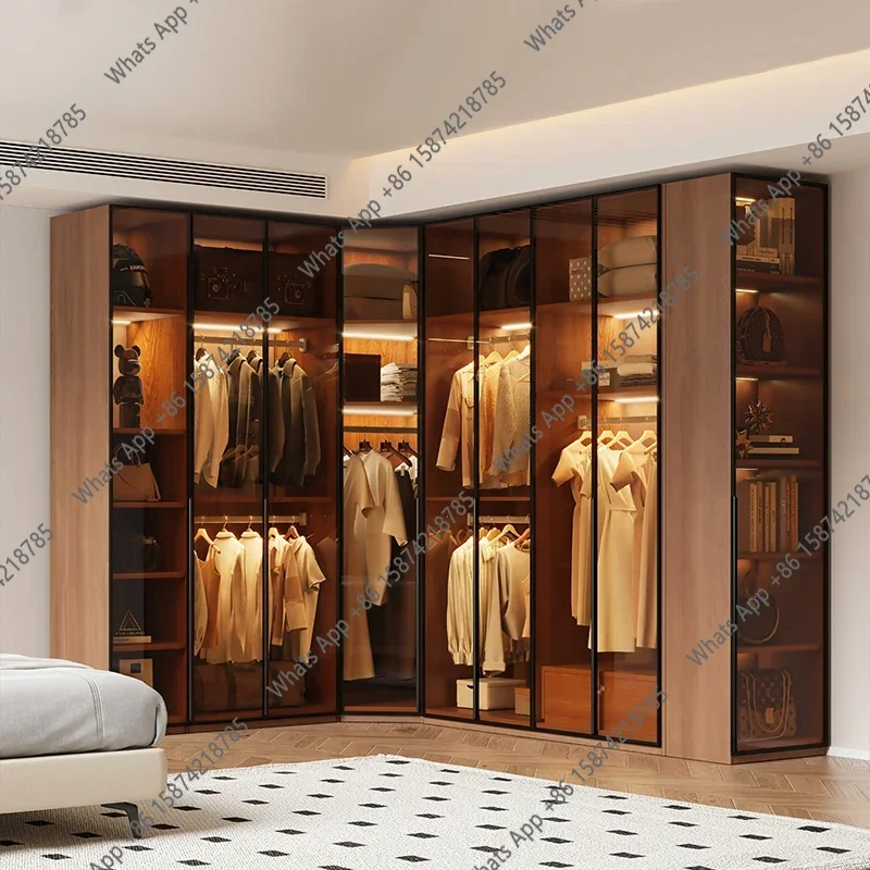 Moderner Glas-Kleiderschrank Schlafzimmer Haushalt Kombinations-Aufbewahrungsschrank L-förmiger Eck-Garderobenschrank Möbel für Kleidung Luxus