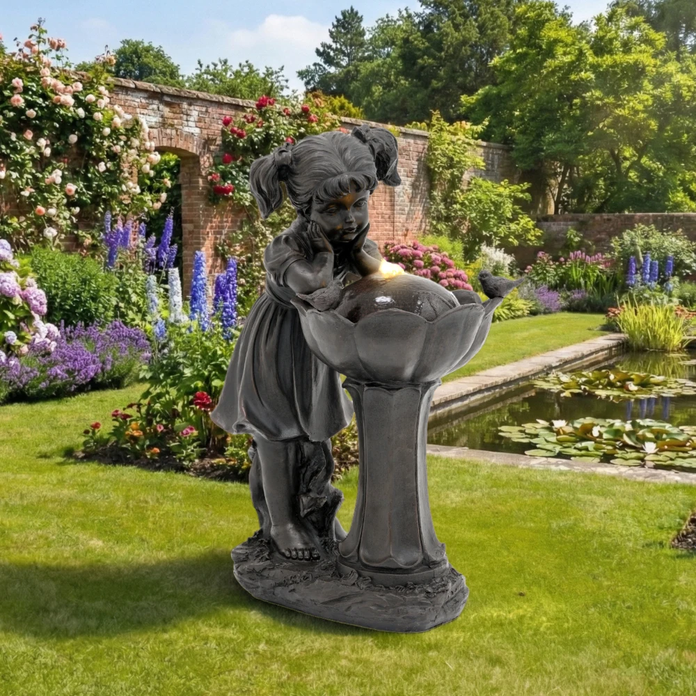 65,5 cm kleine Mädchen-Statue mit LED-Außenbrunnen in Kupferfarbe – Kaskaden-Wasserspiel für Garten, Terrasse, Balkon, Rasen – für ruhige Momente