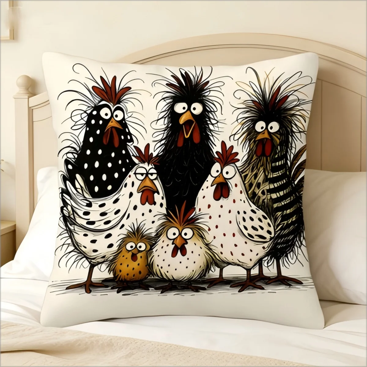 Lustiger Cartoon-Hühner-Kissenbezug, Niedlicher Verspielter Hahn-Familien-Druck, Bauernhof-Tier-Kissenhülle für Sofa, Bett, Couch, Heimdekoration Image
