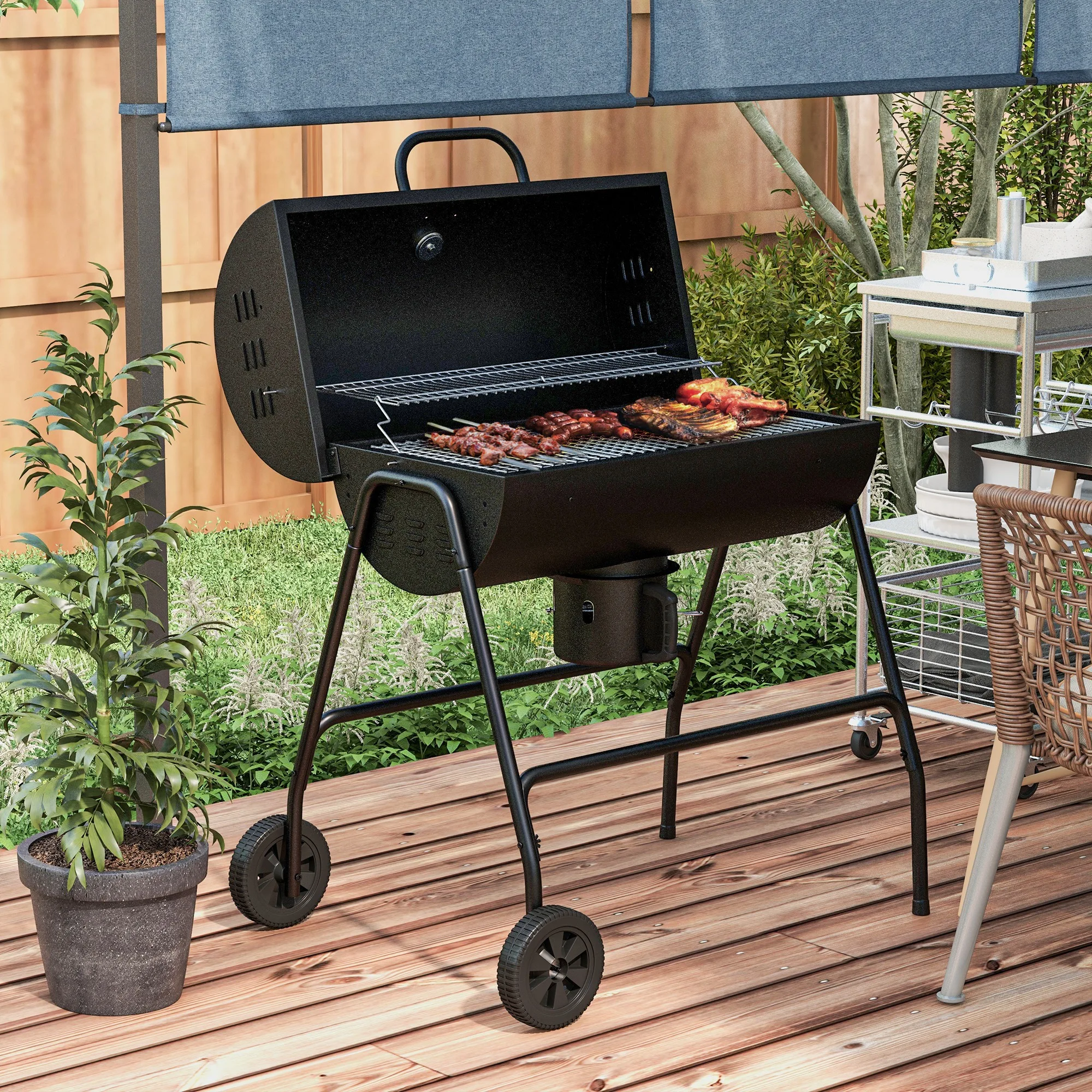 Tragbarer Holzkohle-Grill mit Thermometer & Rädern, 95x71,5x102cm, für Camping & Terrasse Image