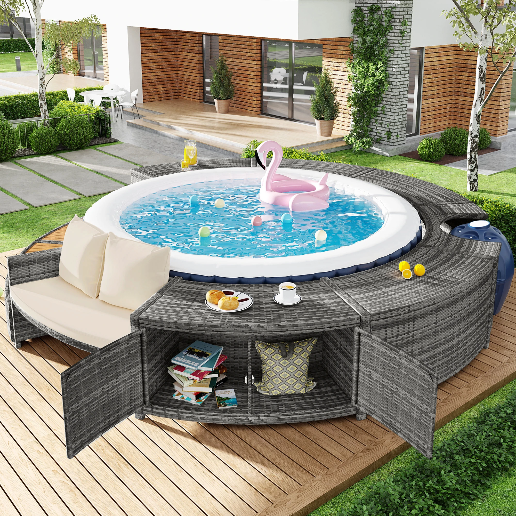 MODFU Gartenmöbel Lounge Set mit runder Couch, inklusive Kissen, für Garten und Poolbereich, Grau Image