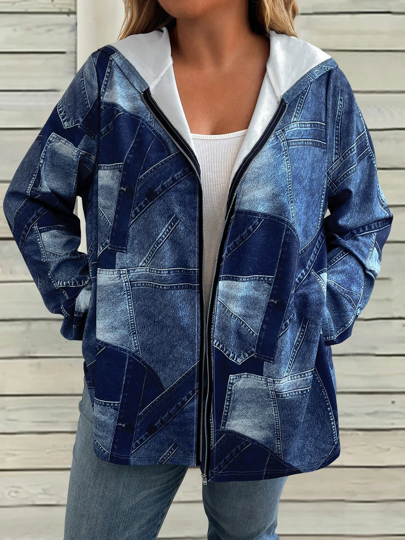 Denim-Patchwork-Hoodie für Damen in Übergröße, mit Reißverschluss, lässiges Herbst- und Alltagsoutfit, modisches Langarm-Damen-Sweatshirt Image
