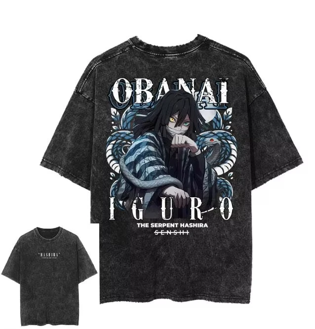 Anime Demon Slayer T-Shirt Iguro Obanai T-Shirt für Männer und Frauen Vintage-Waschung Streetwear Kurzarm Baumwolle Locker Geschnitten Image