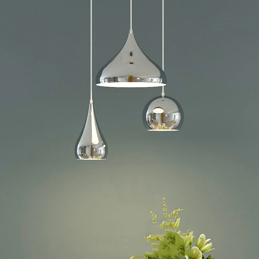 E27 Eisen-Hängelampe Luxuriöse Silber-Messing-Kunstlampe für Küche und Hotel Nordische Versilberte Kugel-Spiegel-Pendelleuchte