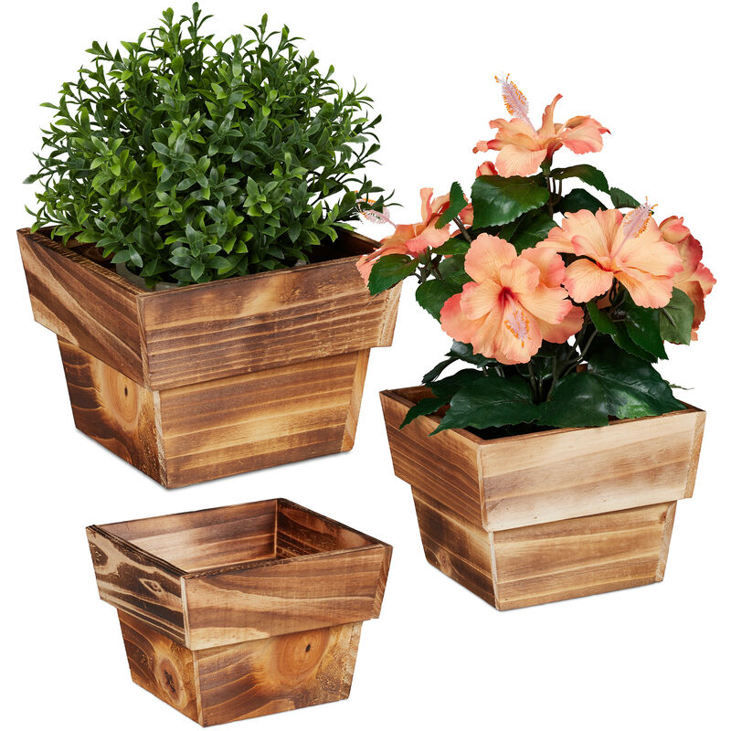 Vasi In Legno, Set 3 Portafiori, Effetto Bruciato, Indoor & Outdoor, Fioriera, Accessori Giardinaggio,naturale - Relaxdays