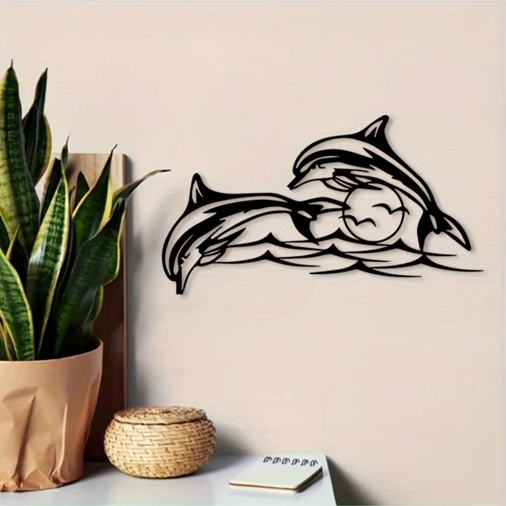 1 Stück Vintage Delfin Metall-Wandkunst, springende Eisenskulptur, pulverbeschichtetes Ozean-Themen-Dekor, langlebig, schwarz-weiß Image