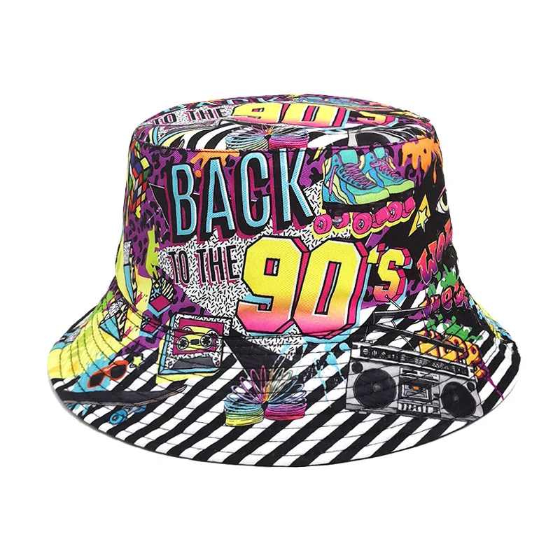 90er-Jahre Klassischer Bedruckter Sonnenschutz-Panama-Hut für Damen und Herren, Sommer-Sonnenhut, Dekorativer Fischerhut, Unisex Wendbarer Bucket Hat, Hip-Hop-Stil