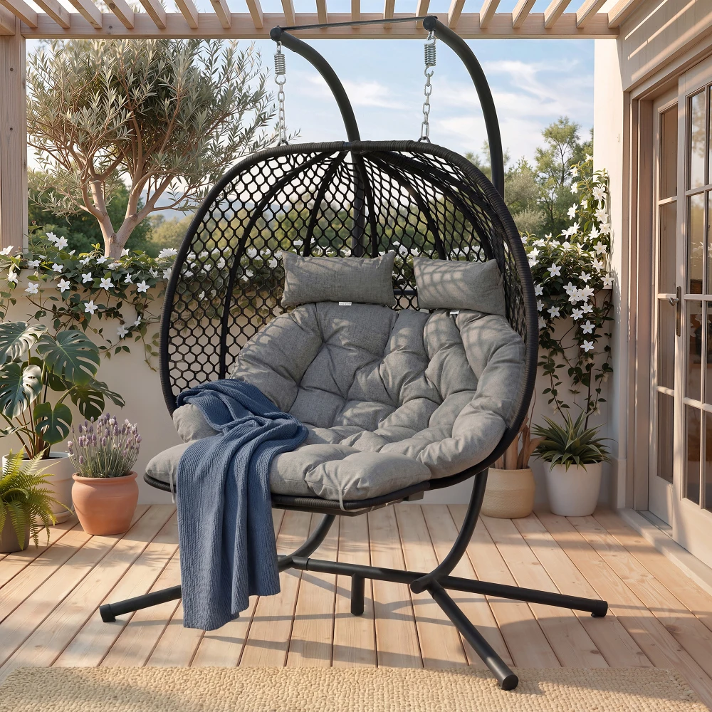 Ei-förmiger Schaukelstuhl, Garten-Hängesessel mit Ständer, Sitzfläche & Kissen, Fußstütze, Gartenmöbel, Doppel-Schaukelstuhl