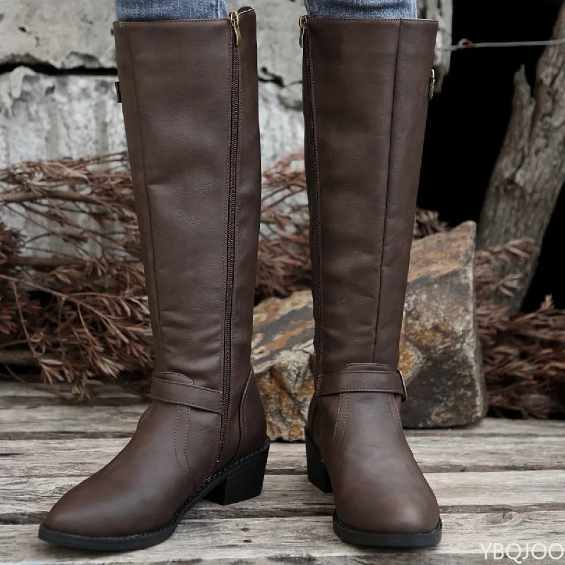 Herbst Winter neue elegante einfache dicke Ferse runde Zehen lange Stiefel modische vielseitige Schuhe lässig bequeme Damenschuhe