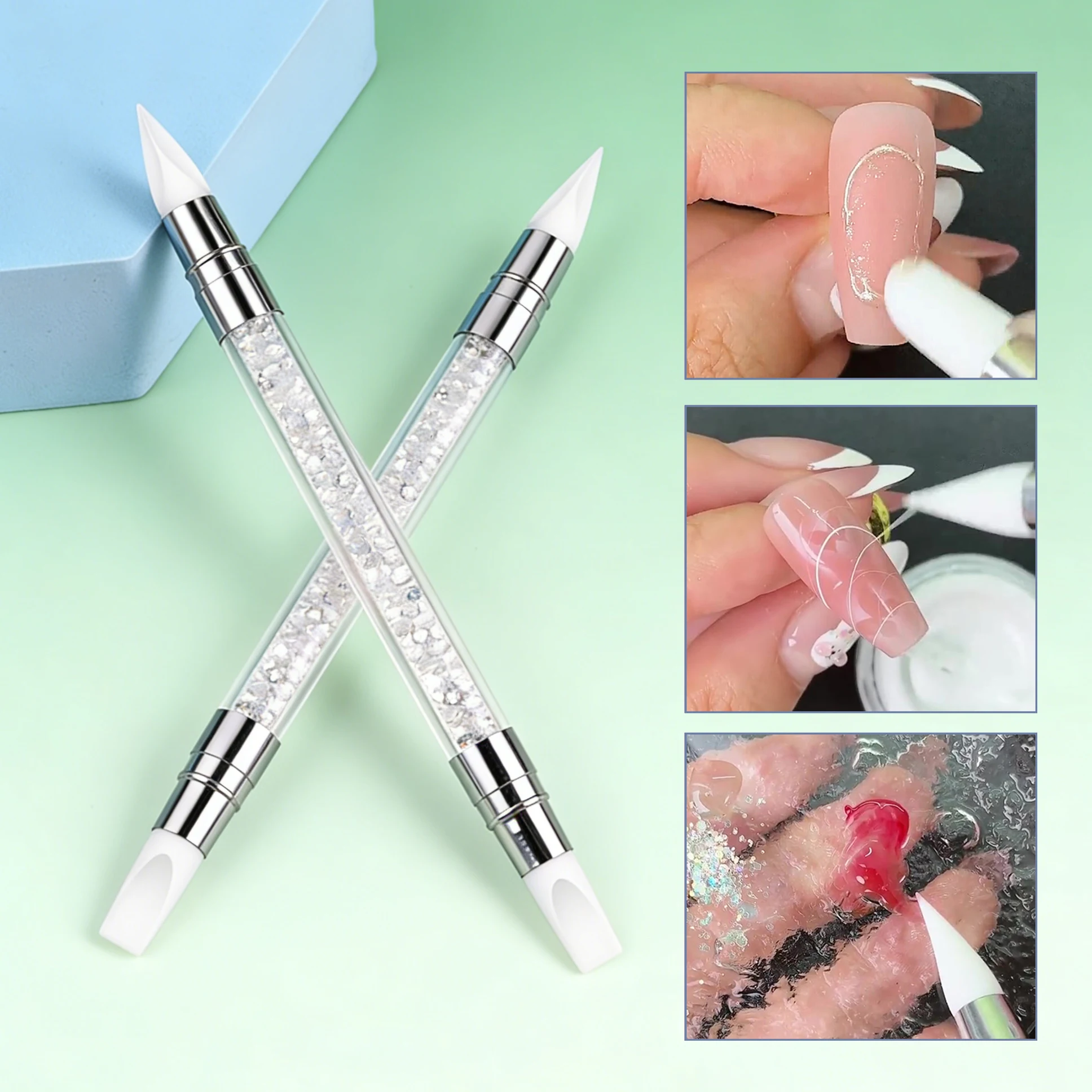 2 Stück Doppelseitiger Silikon-Nagelkunststift, Blumen- und Skulpturenstift mit Kristallgriff, abgewinkelte Spitzen, antihaftbeschichtet, Gel-Prägestift für Maniküre Image