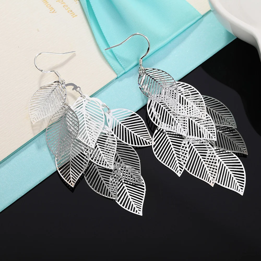 925 Sterling Silber Ohrringe Modeschmuck Damen Mehrschichtige Hohle Blätter Quasten Lange Hängeohrringe Trendsetter Weihnachtsgeschenke Image