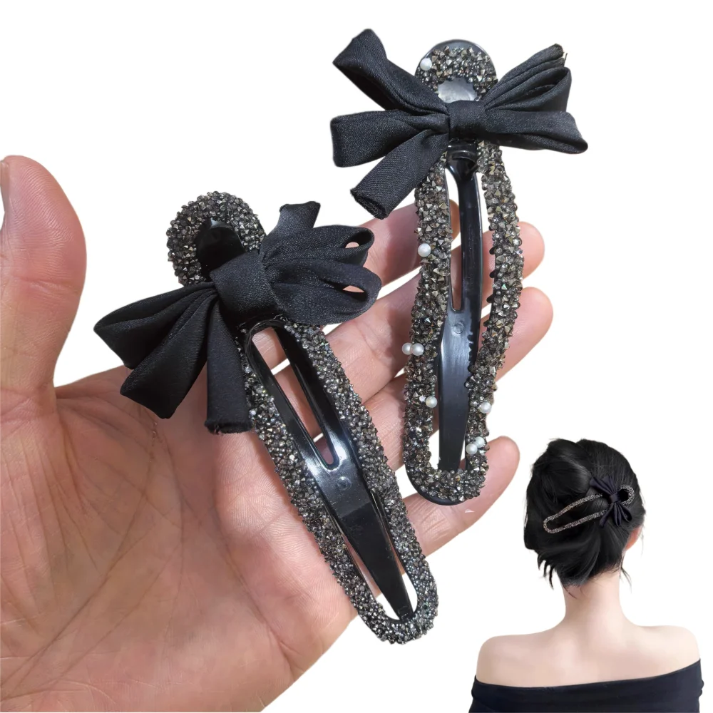 Elegante schwarze Haarspange mit Schleife, glitzernde Kristall-Haarspange für Damen, große Haarklammer, Haar-Accessoires für Hochsteckfrisuren