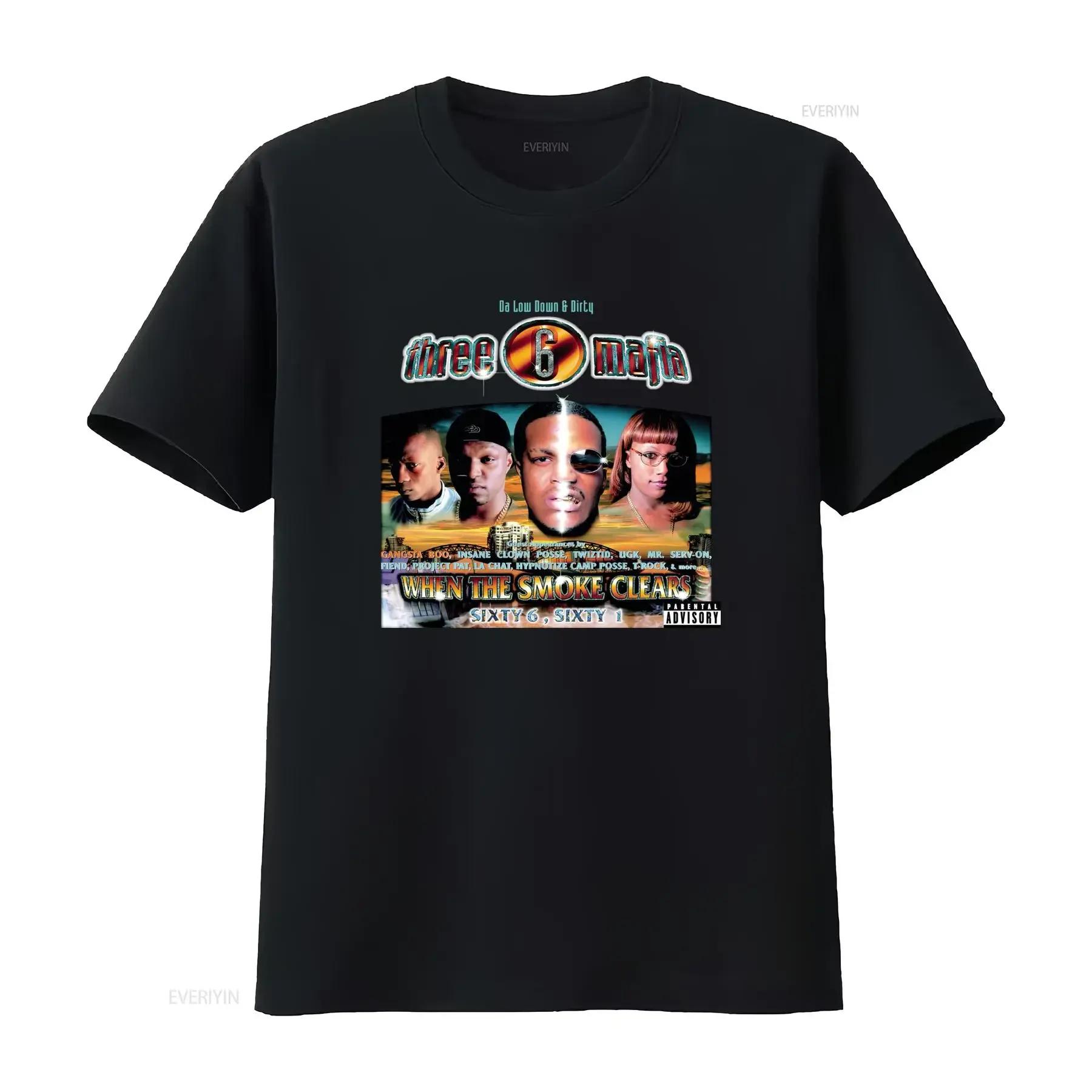 Three Six Mafia Hip-Hop Retro-Stil Schwarzes T-Shirt „When The Smoke Clears“-Design Vintage Washed Designer-Kleidung Stylisch Unisex