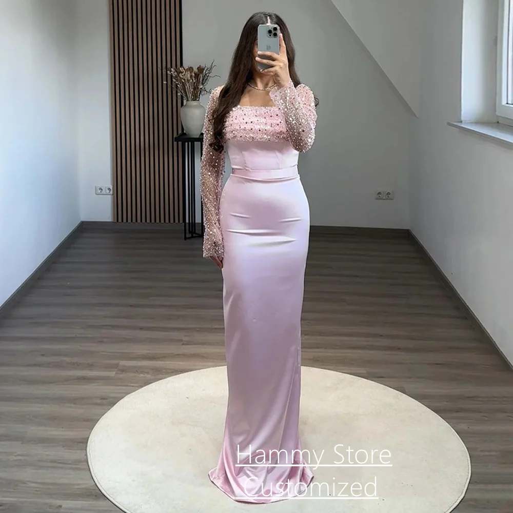 Hellrosa Abendkleid, maßgeschneidert, quadratischer Ausschnitt, lange Ärmel, Pailletten, bodenlang, Satin, Meerjungfrau, Abendkleid, Festzug, Partykleider Image