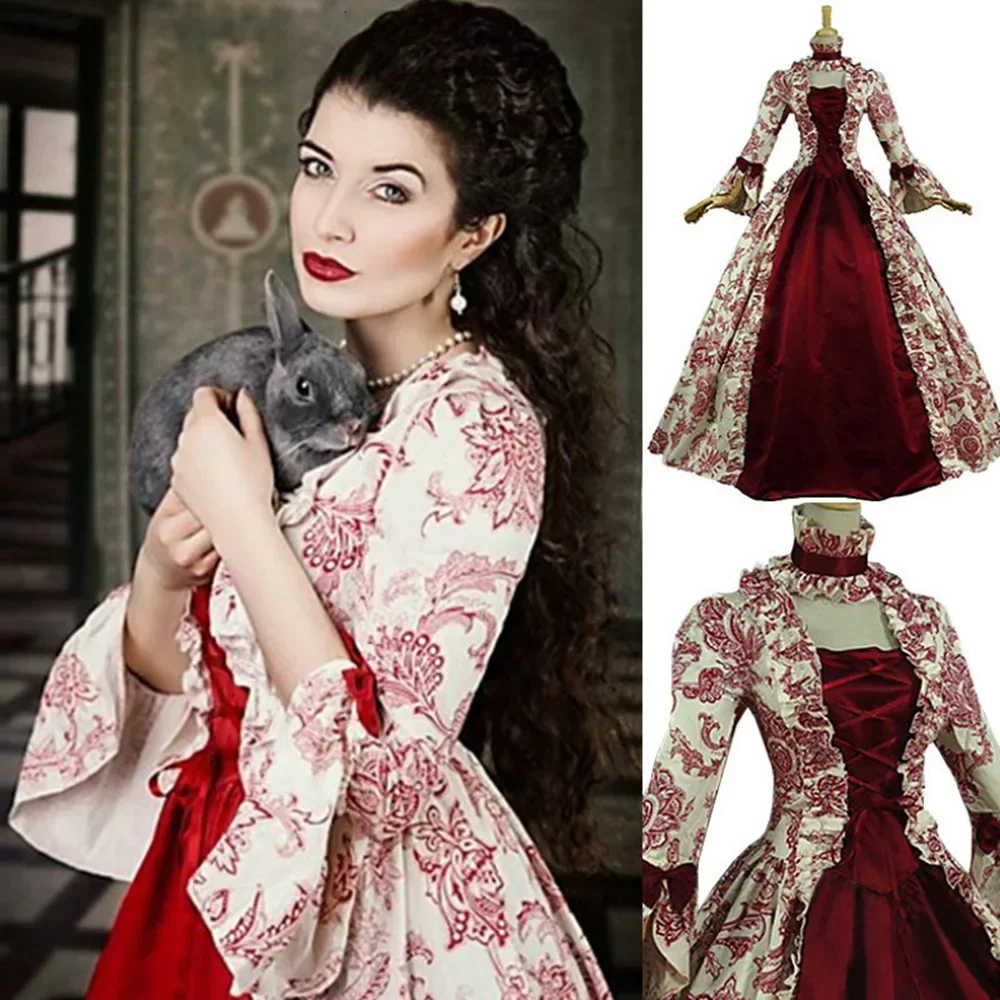 Marie-Antoinette-Kleid Vintage Langes Damenkleid mit Schnürung Mittelalterliche Rüschen Schleife Vintage Viktorianisches Karnevalskleid Maxi-Kleid mit Blumenmuster