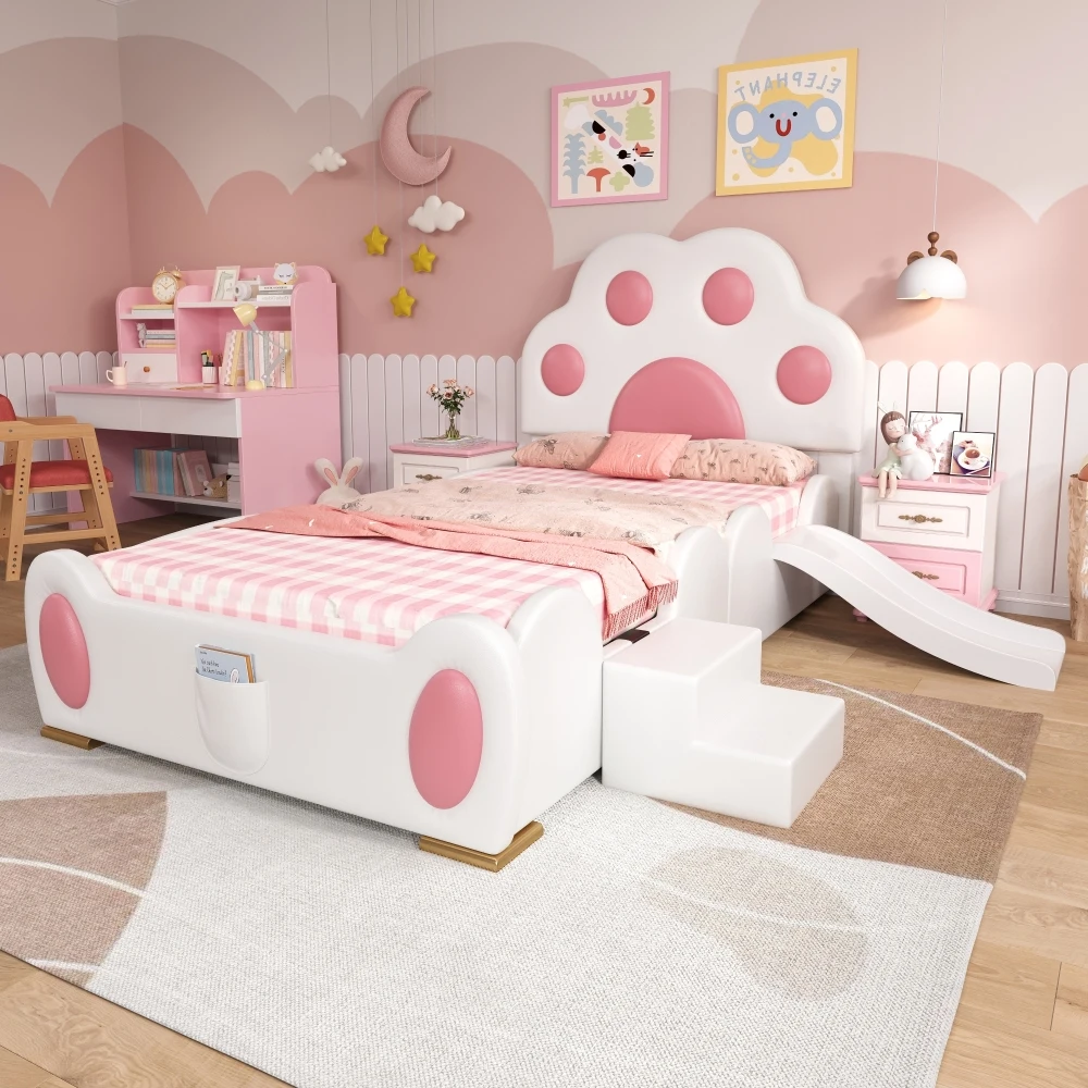 90x200cm Weiß-Rosa Kinderbett mit PU-Polsterung und Niedlichem Cartoon-Katzenpfoten-Kopfteil, Kinderspielbett mit Rutsche für Kleinkinder