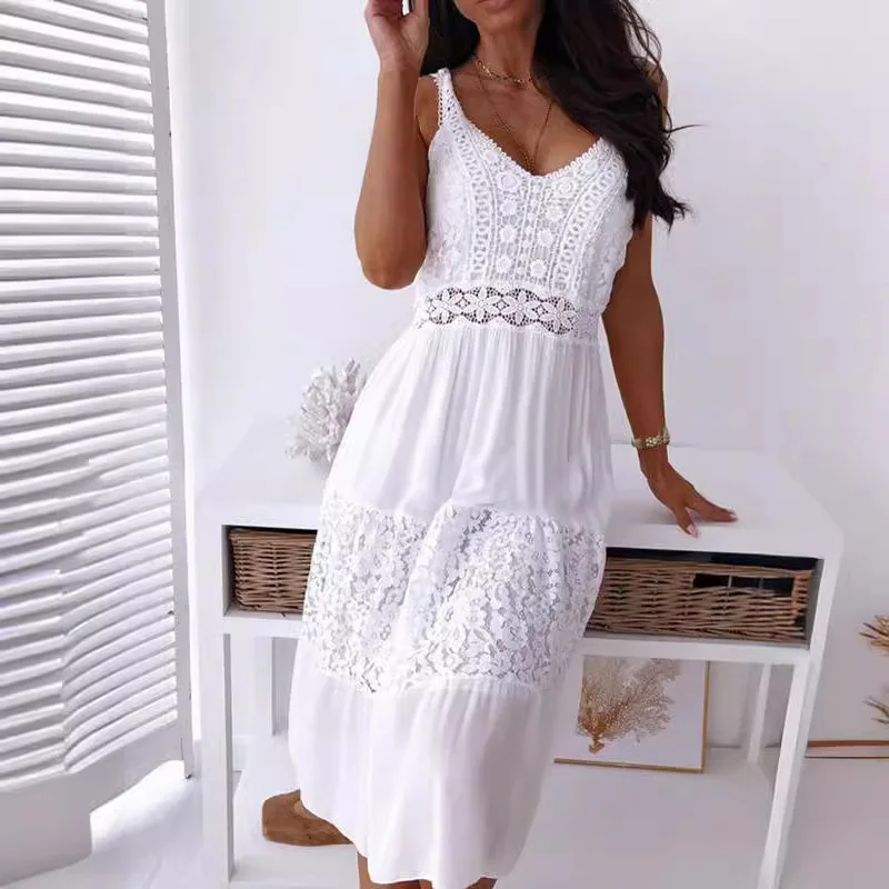 Abito Midi Bianco in Pizzo da Donna con Scollo a V e Spalline Sottili, Scavato e Stratificato, per Cerimonia Nuziale, Ospite di Matrimonio, Serata Formale, Vacanze Estive