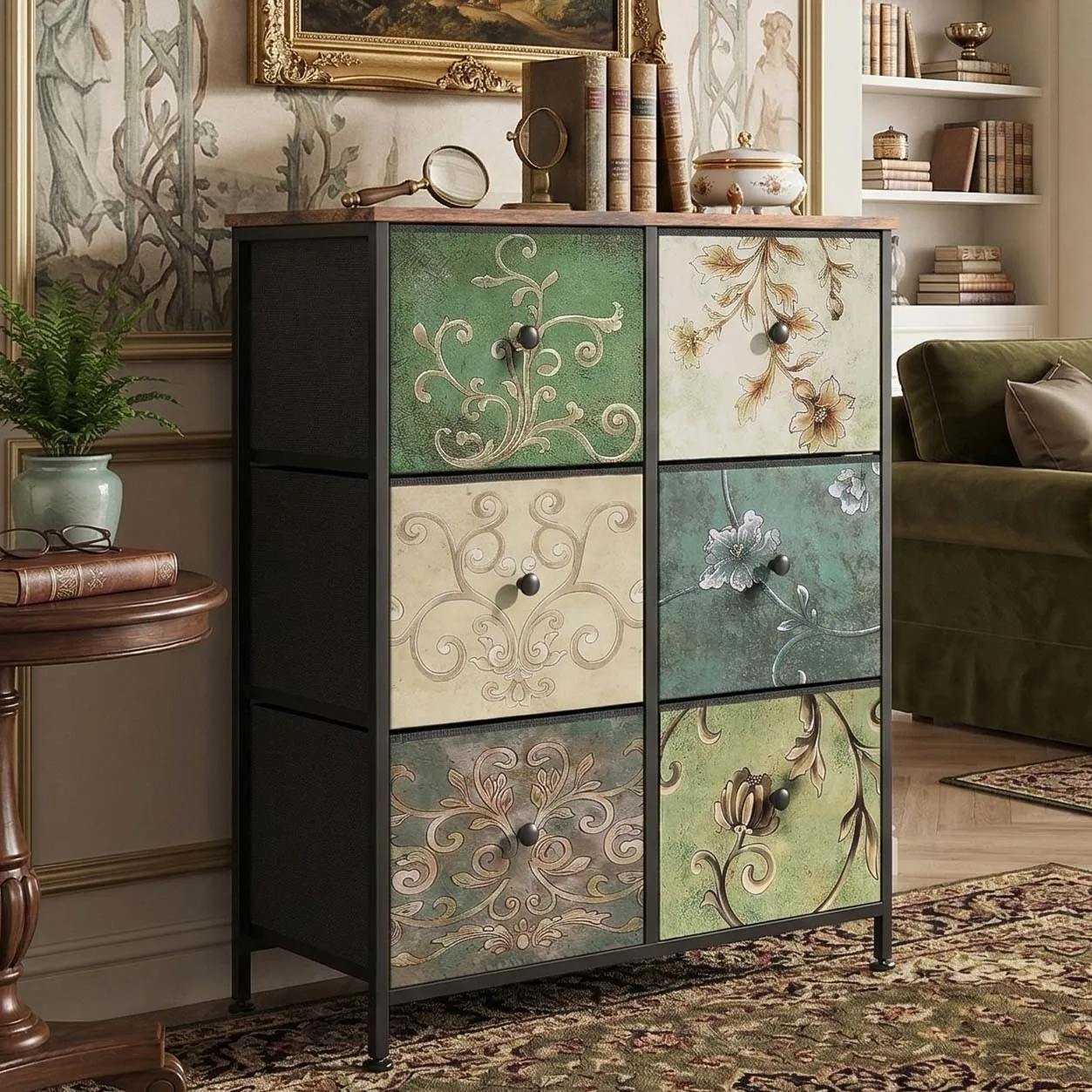 6 Schubladen, 67 x 30 x 86 cm, florales Vintage-Aufbewahrungsmöbel, verstärkter Stoff-Aufbewahrungsturm, stabile Stahlkonstruktion, S