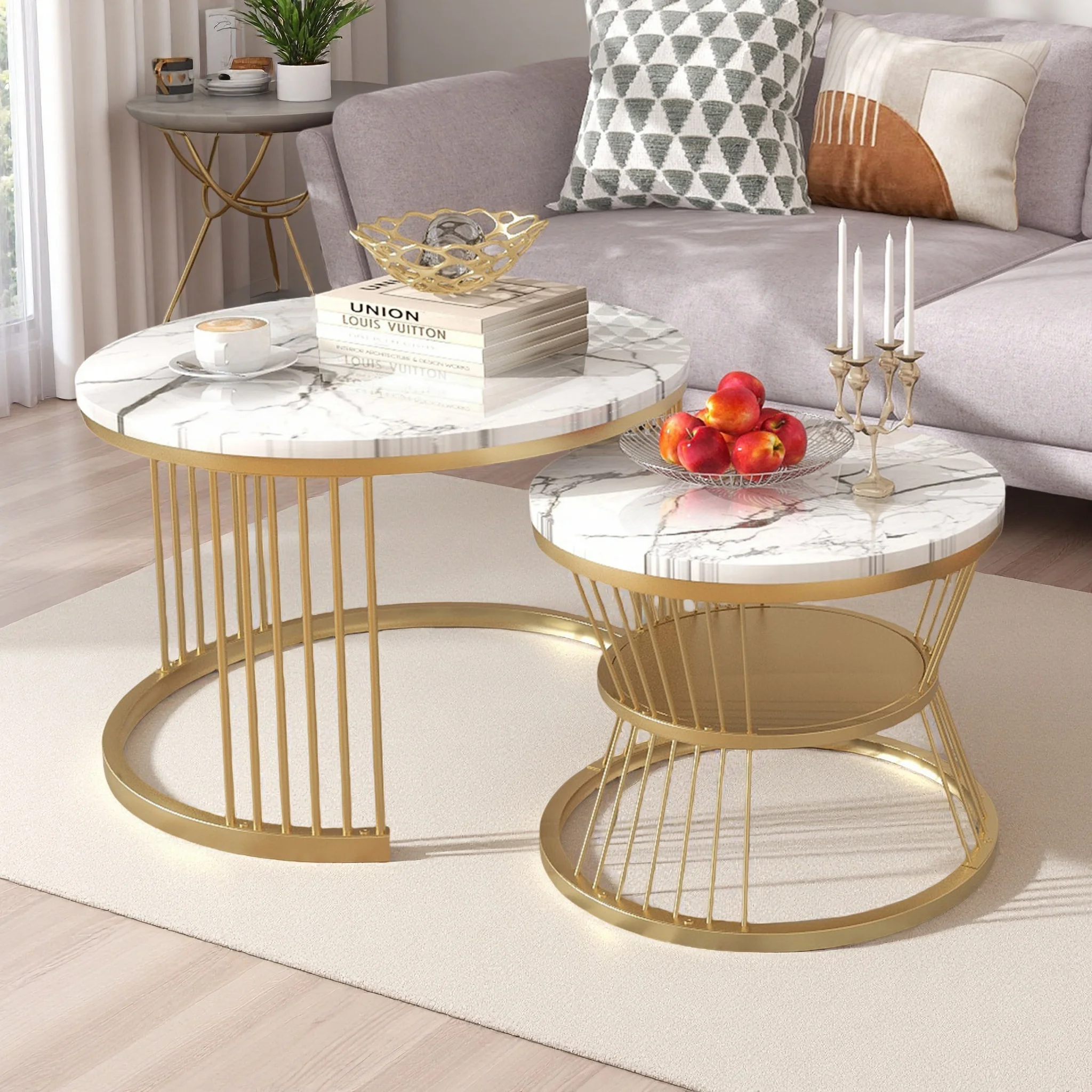 Rosahqnda Runder Couchtisch, 2-stufiger runder Tisch mit Metallrahmen, 2er-Set, Sofa-Beistelltisch für Wohnzimmer, Heimbüro, Gold, Schwarz