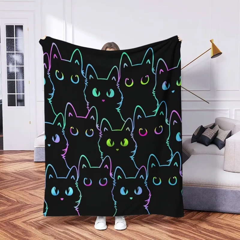 [Niedliche Cartoon-Flanelldecke] 1 Stück Herbst-Cartoon-Flanelldecke mit schwarzer Katze – weiche Decke für Büro, Zuhause, Bett, Sofa Image