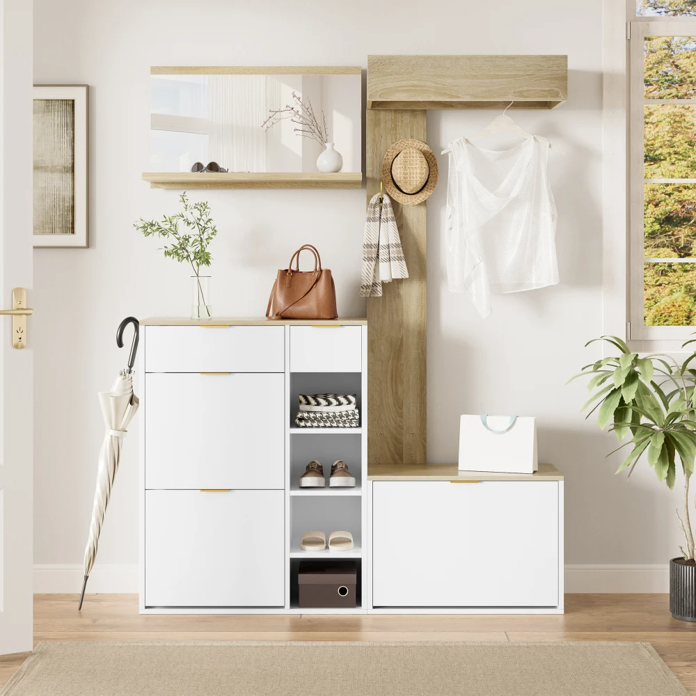 PINGGO Wandmontiertes Eingangsbereich-Möbelset mit Schuhregal, Bank, Spiegel und Kleiderschrank mit Regal – Komplette Aufbewahrungslösung