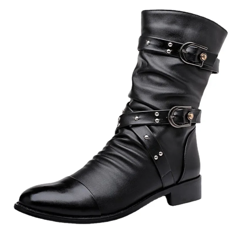 Männer Leder Hohe Qualität Mitte Rohr Stiefel Mode Klassische Herbst Winter Schwarz Punk Rock Schuhe Casual Männer Frauen Plus größe 38-48