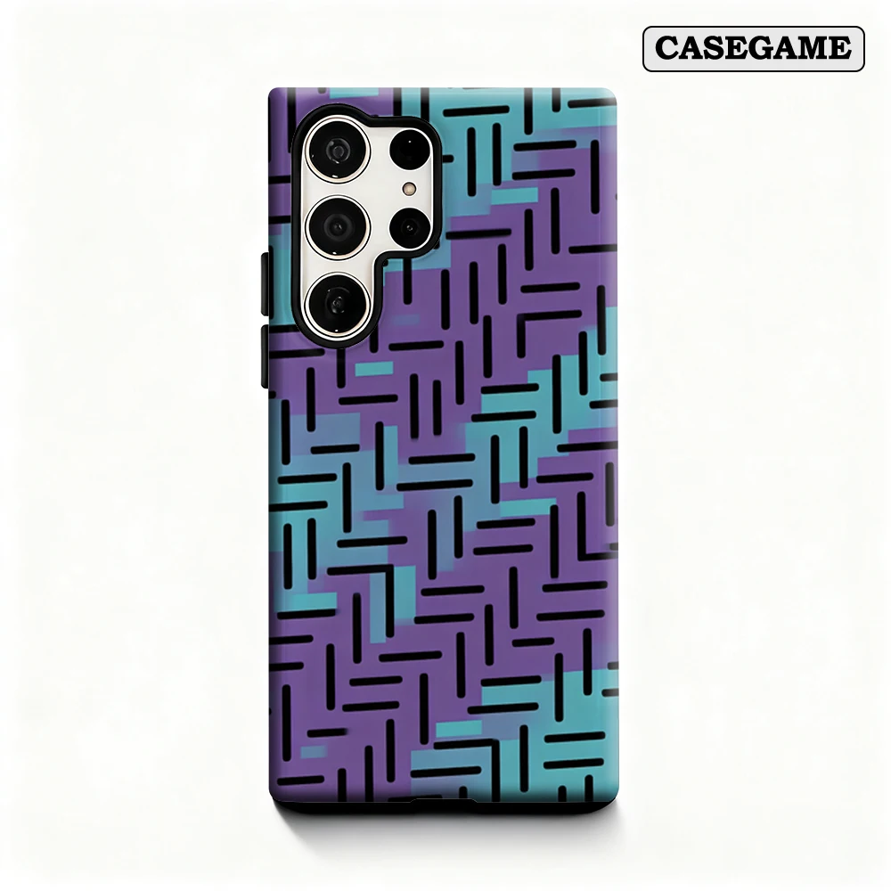 Casegame Handyhülle für Samsung Galaxy S26 S25 Ultra S24 Plus Stoßfeste Doppelschicht-Rückseite Lila Türkis Geometrische Linien Cover