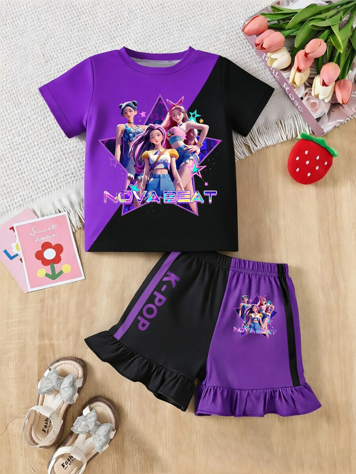 Trendiges Mädchen-Set Nova Beat K-Pop Grafik 2-teilig Kurzarm-T-Shirt & Shorts mit Rüschensaum Kinder-Streetwear Image