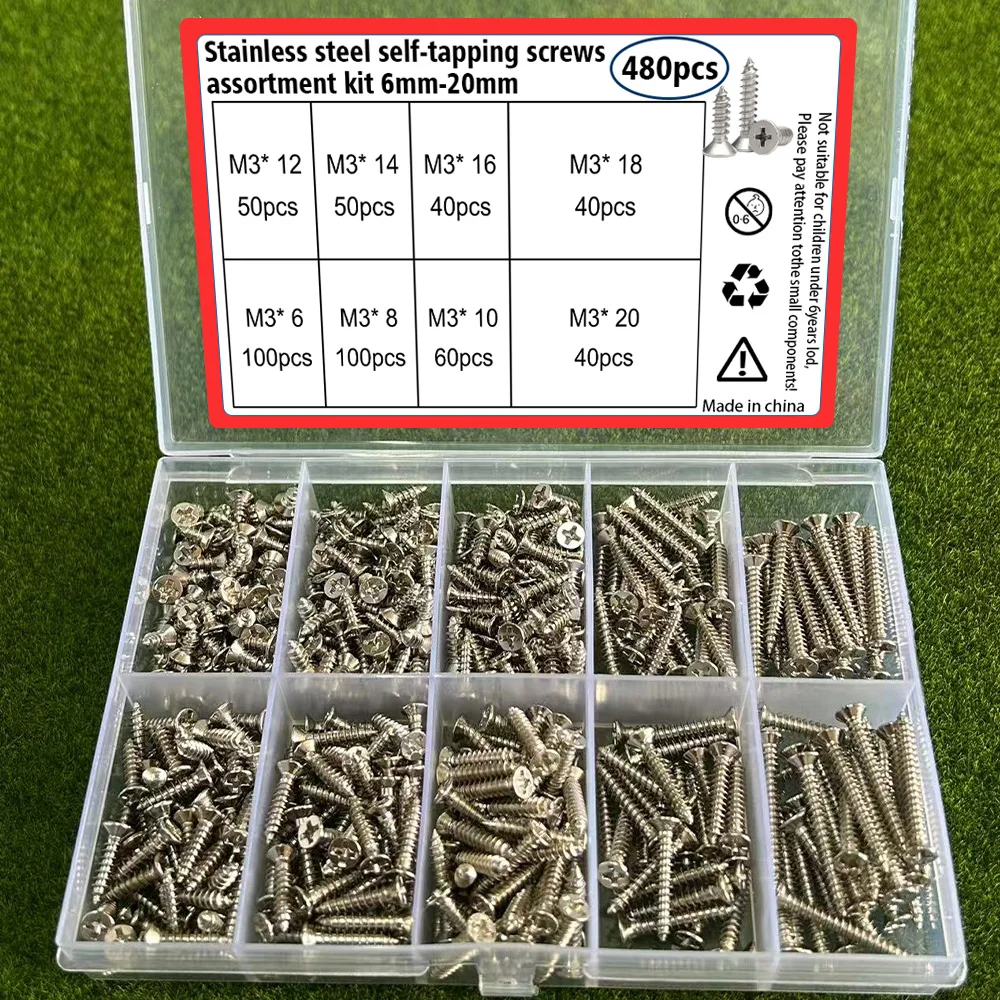 480-teiliges Edelstahl-M3-Blechschraubenset, 6mm-20mm, Holzverbindungsschraubenset, zum Befestigen von Holz und Metall. Image