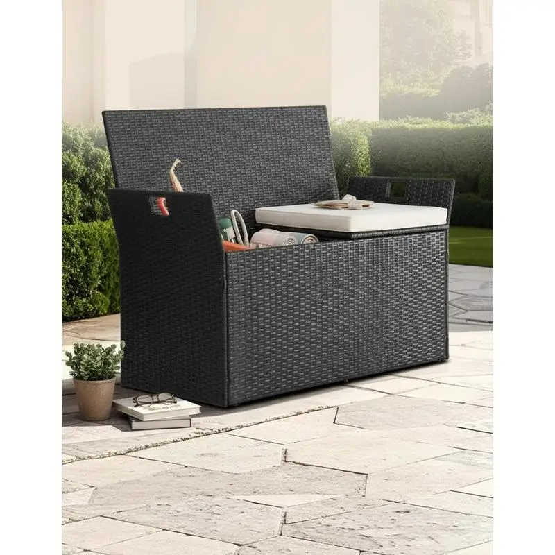 Banc de jardin avec rangement, banc de rangement en rotin PE, banc-coffre avec coussin et poignées latérales, supporte jusqu'à 360 kg, siège de jardin et décoration de véranda pour patio, jardin,