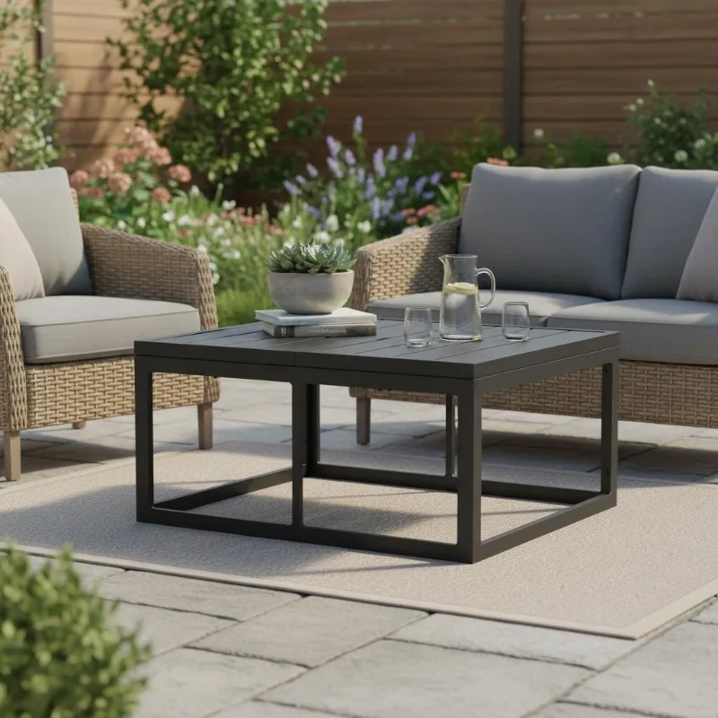 Mobilier de jardin noir 70×70×32 cm en métal pour terrasse et patio Table de jardin noire en métal Mobilier de jardin en métal noir