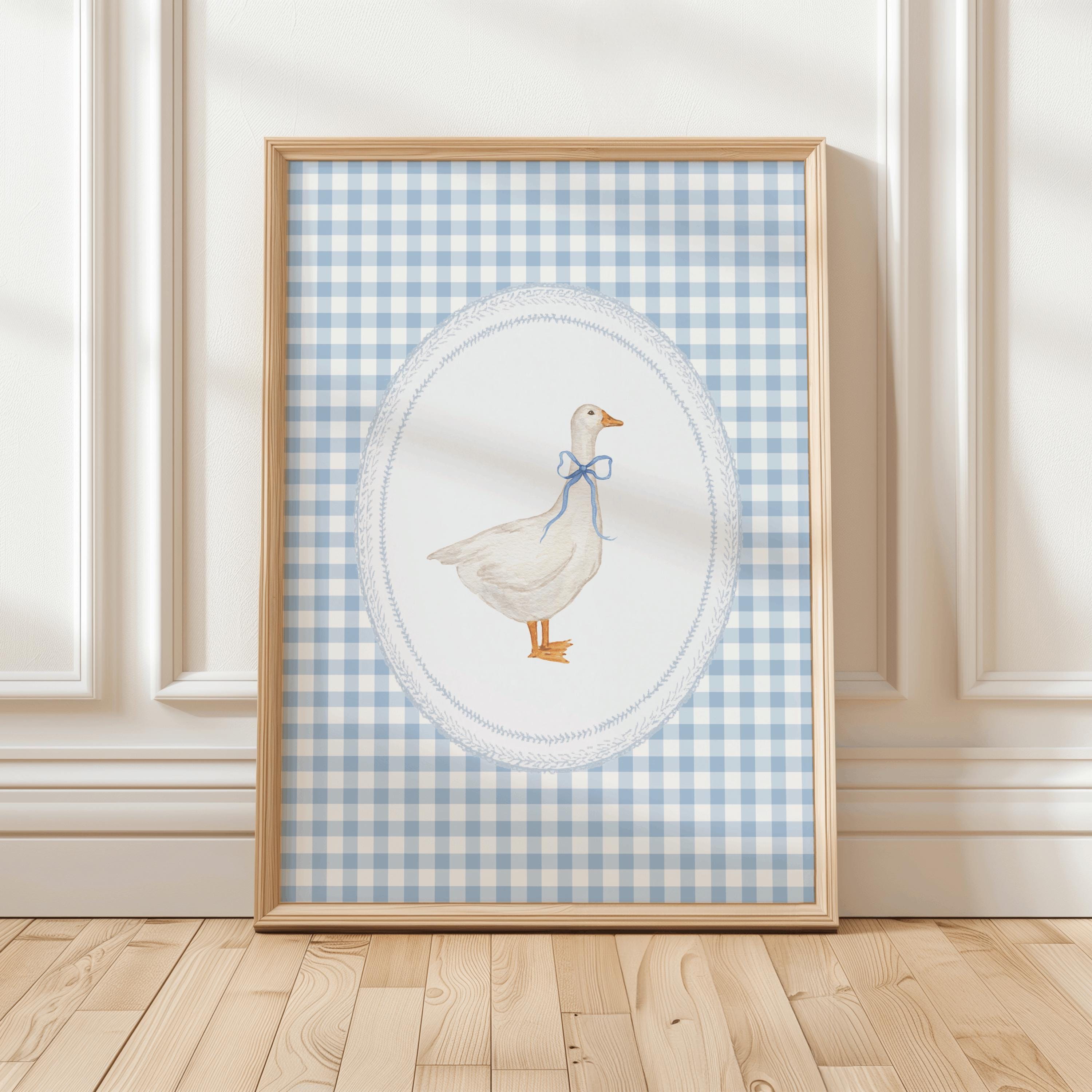 Decorazione murale per cameretta dei bambini con motivo a quadretti e oca, stampa vintage con oca, cameretta per neonati, decorazione murale con fiocc