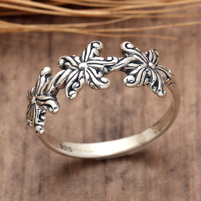 'Star-Inspired Floral Sterling Silver Band Ring from Bali'