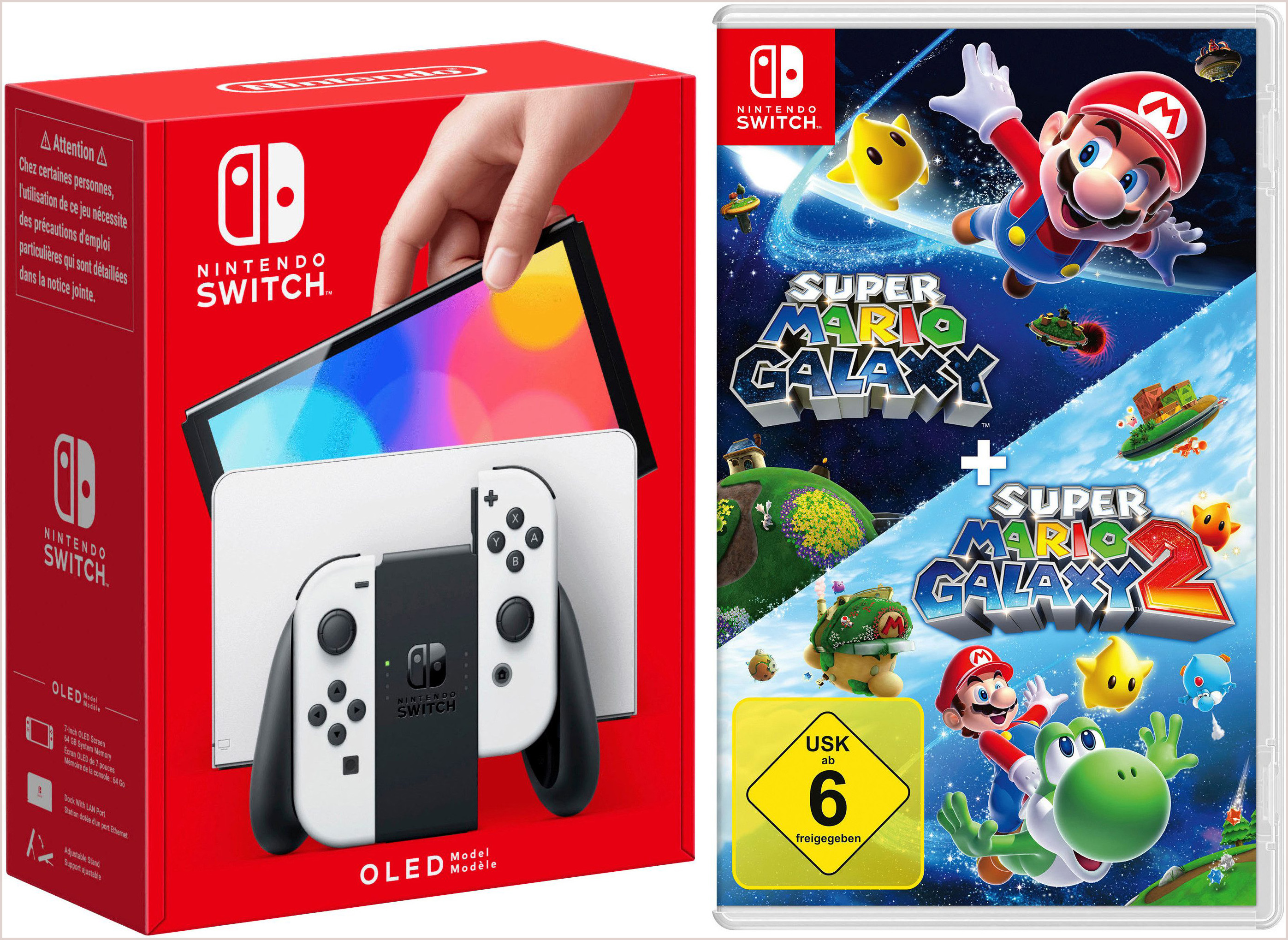 NINTENDO SWITCH Konsolen-Set "NSW OLED Konsole weiss inkl.Super Mario Galaxy 1+2", bunt (weiß), B:24,2cm H:1,39cm T:10,2cm, Spielekonsolen