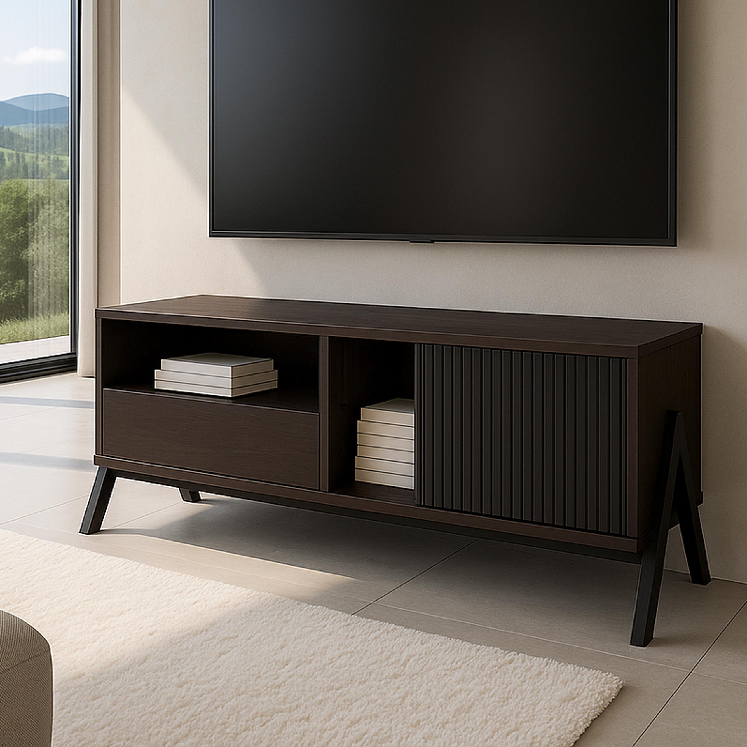 TV-Rack HWC-O40, Lowboard TV-Schrank Schiebetür Staufächer Schublade, MDF Metall Melamin 49x120x40cm ~ Walnuss-Optik