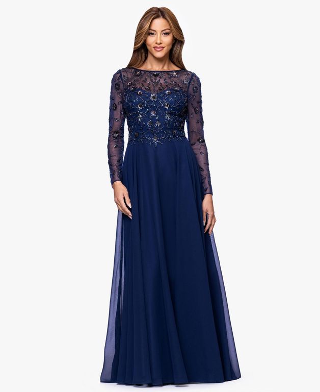 Long-sleeve Boat Neck Gown - Blue - Xscape Dresses
