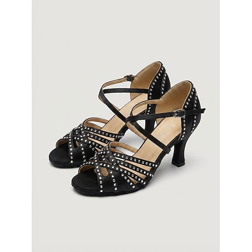 Pinkfarbene, mit Strass besetzte, offene Latein-Tanzschuhe für Damen – Riemchen-Salsa-Schuhe für Gesellschaftstänze Image