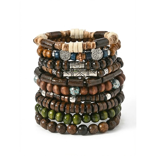 Set di 10 braccialetti da uomo in stile bohémien con perline di legno, elastici e impilabili, perfetti per le vacanze al mare, l'uso quotidiano, i viaggi e i festival.