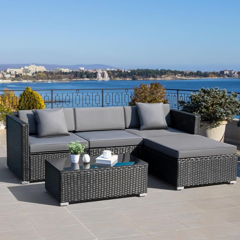 5pcs Set Mobili Da Giardino In Rattan,rattan Giardino Set,lounge Set Da Giardino,divano In Polyrattan,mobili Da Giardino,set Di Divani In Rattan Con Cuscini E Tavolo In Vetro,per Terrazza,giar - Liferun