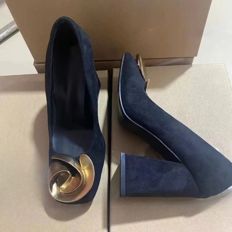 Vintage Elegant Women's Pumps Black Square Toe Block Heel, Gold Metal Flower Buckle Office Party Dress Shoes
