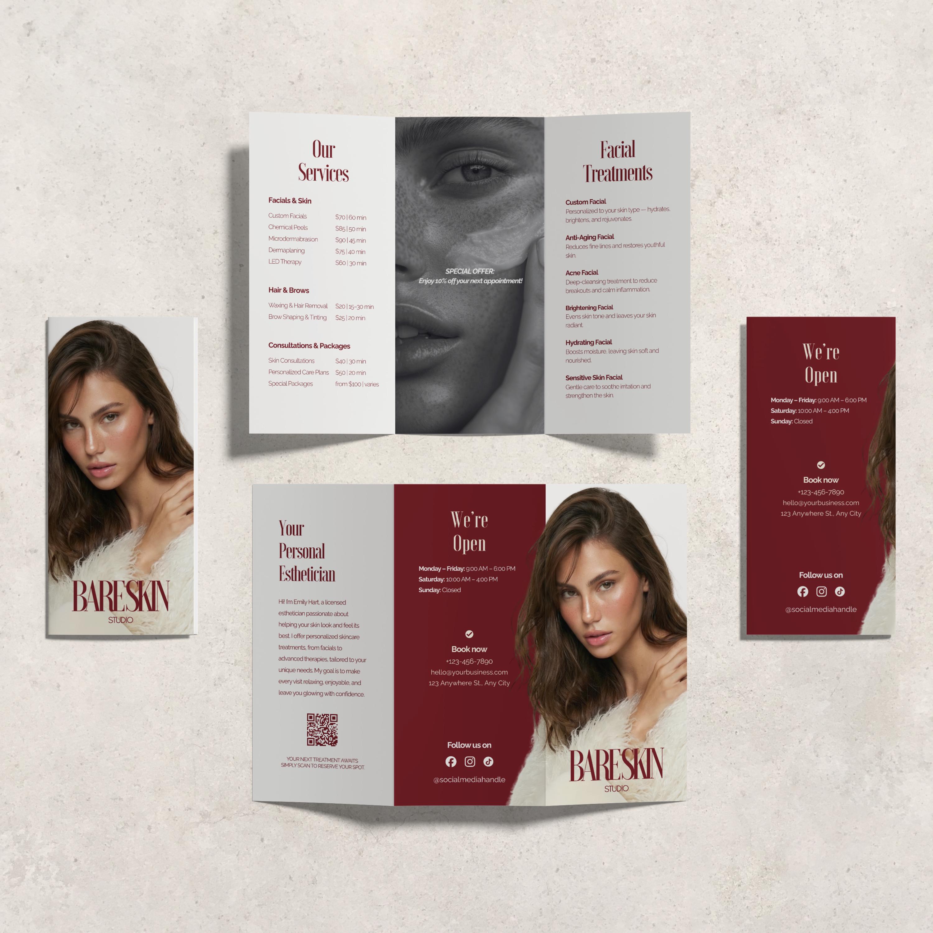 Modello di brochure a tre ante per estetista / Brochure per centro benessere / Modello per la cura della pelle / Modello di listino prezzi per centro