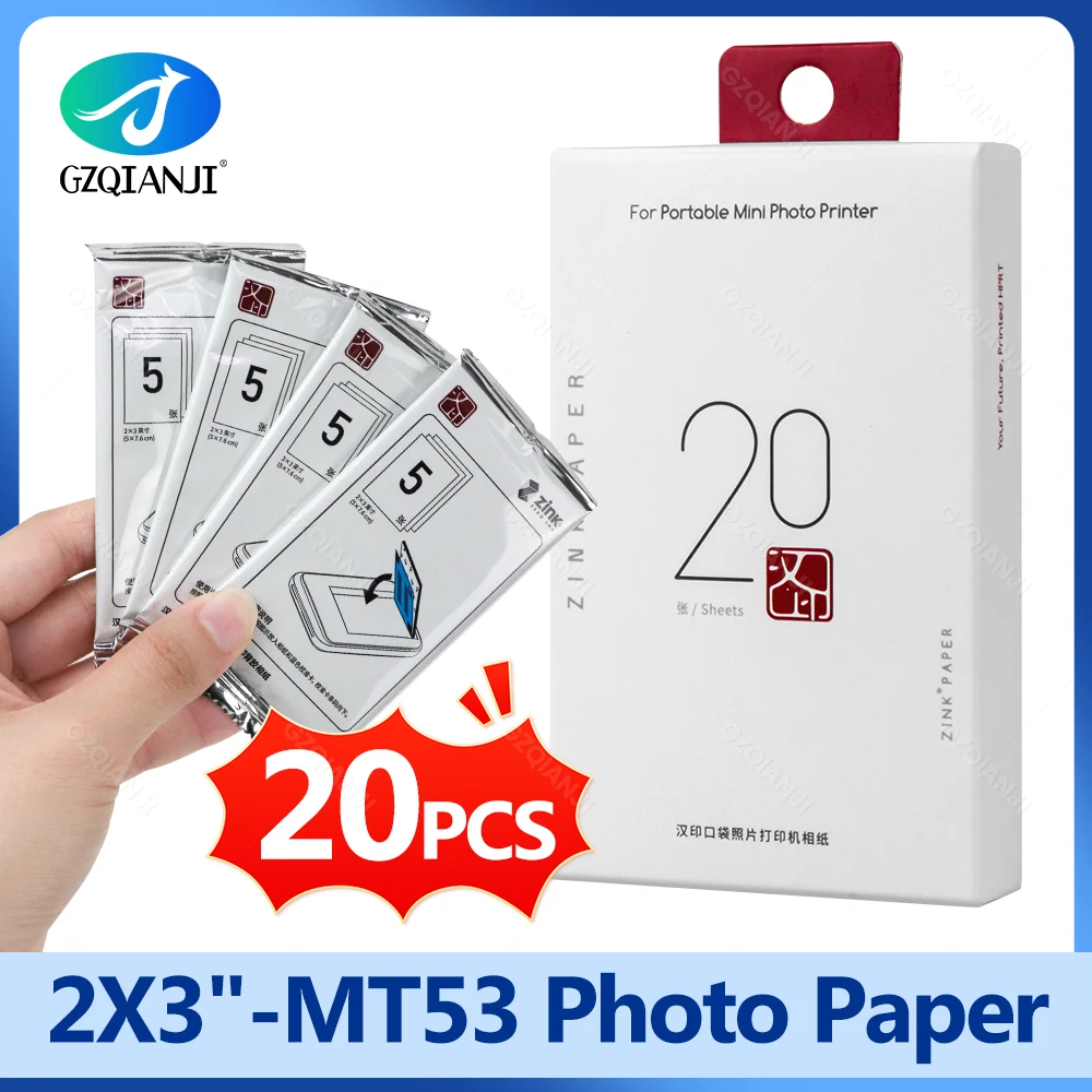 Original MT53 selbstklebendes Fotopapier, 5,1 x 7,6 cm, klebriges Fotopapier für HPRT MT53 Taschen-Farbfotodrucker, 20/40 Blatt