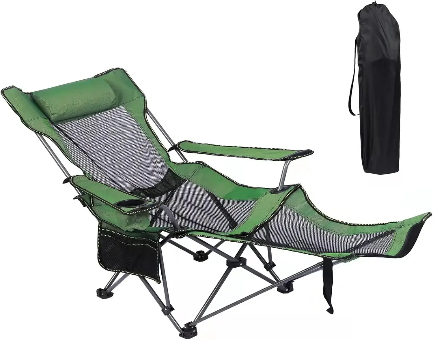 Camping-Loungesessel, tragbarer verstellbarer Campingstuhl, klappbarer Campingstuhl mit Fußstütze, Kopfstütze und Aufbewahrungstasche