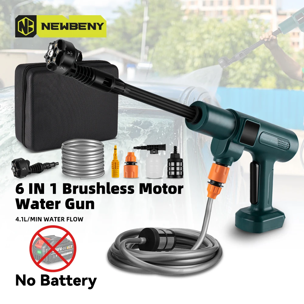 NEWBENY 200 Bar Bürstenlose Hochdruck Auto Waschmaschine Pistole 6 IN 1 Elektrische Garten Waschen Wasser Waschen Spritzpistole Für makita Batterie Pin Image