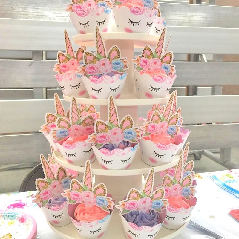 Regenbogen Einhorn Cupcake Wrapper mit Kuchen Topper Einhorn Thema Mädchen 1. Geburtstag Party Kuchen Dekor Einhorn Party Supplies