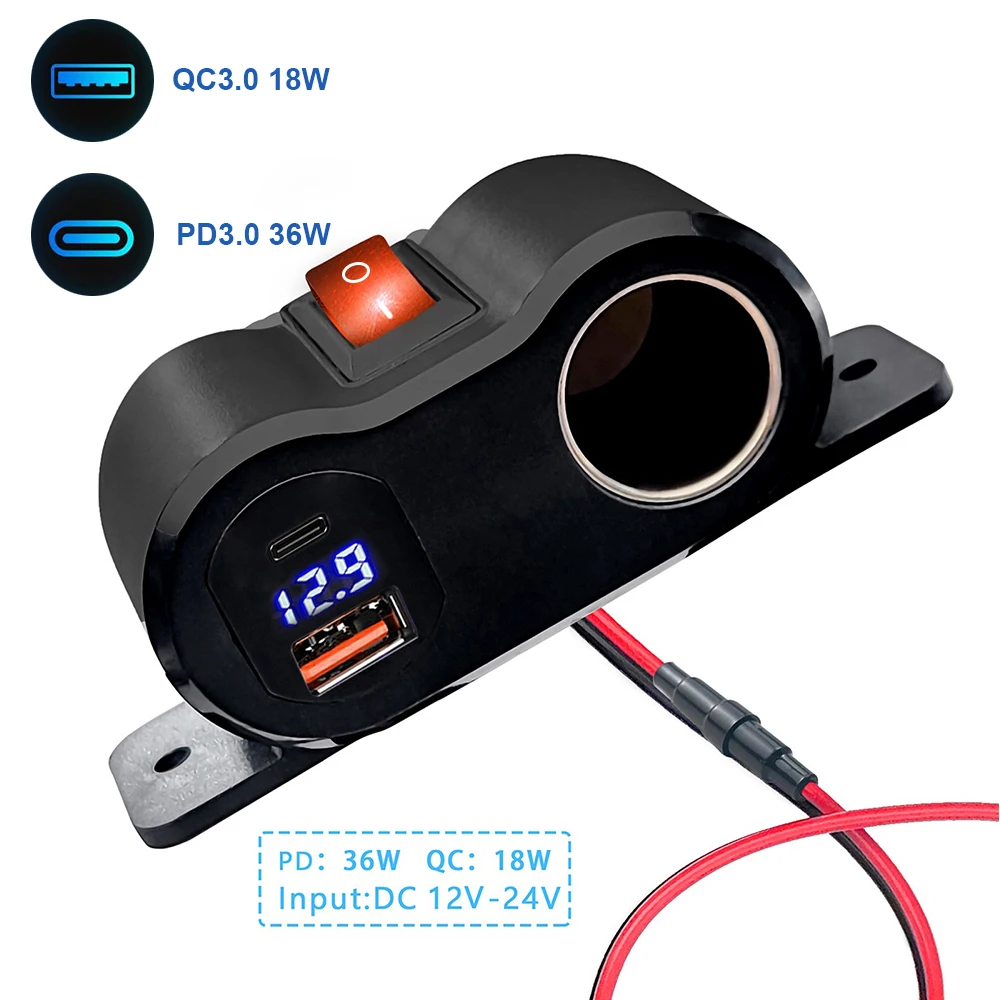 12V/24V Dual QC3.0 USB & PD Typ-C Ladegerät Port mit Schalter Wasserdichte Zigarettenanzünder Buchse für Auto Motorrad Marine RV