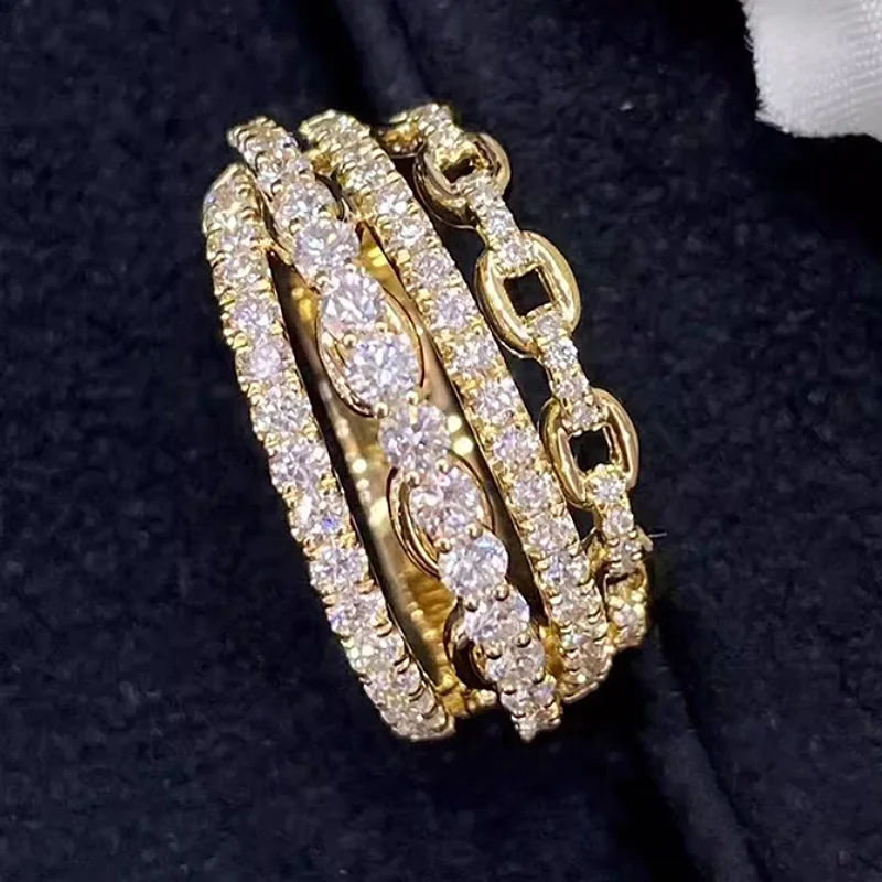 Huitan Multi-Lagen-Design-Damenringe, goldfarben, eingelegt, glänzend, CZ, trendige Luxus-Accessoires, Schmuck für Hochzeit, Party, Jahrestag Image