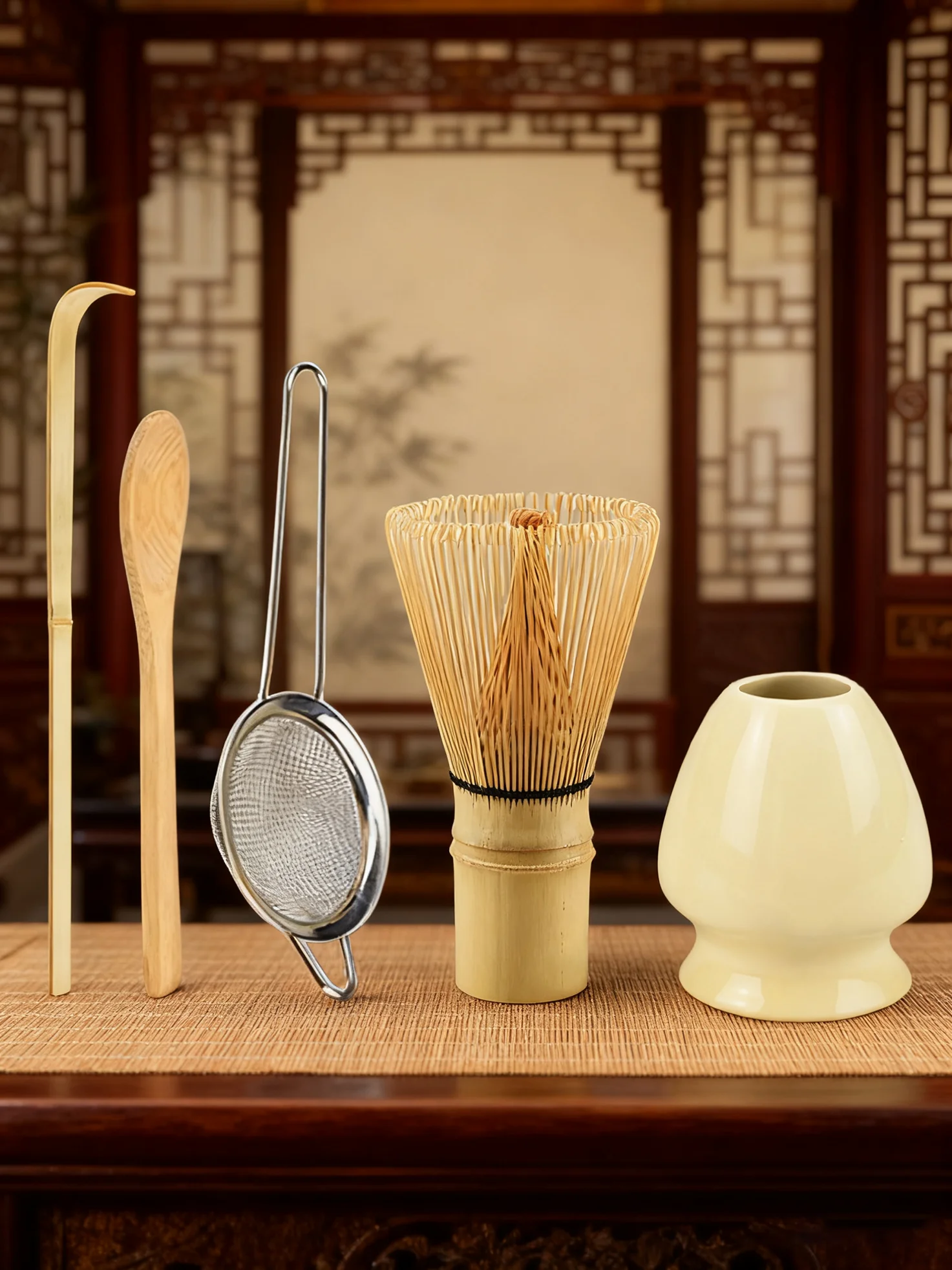 5-teiliges Matcha-Schneebesen-Set – Bambus-Schneebesen, Teesieb, Schaufel, Löffel, Sieb, Schneebesenhalter, perfektes Matcha-Starter-Set für Matcha Image