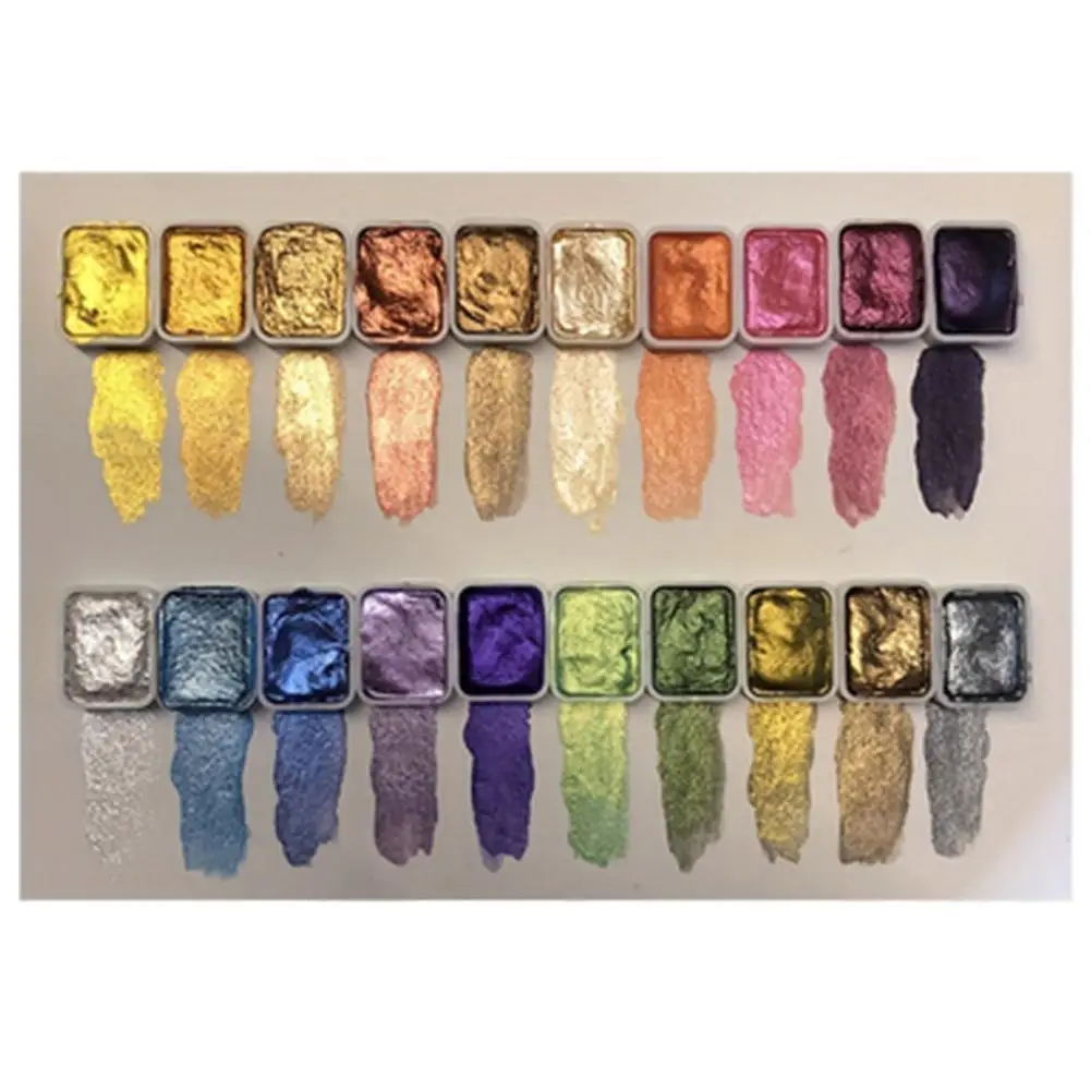 20-farbiges Aquarell-Malset aus Metall: Tragbare Box mit glitzernden, massiven Aquarellfarben mit Perlen und kompletten Künstlerbedarf Image