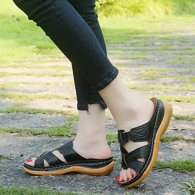 Sommer Frauen Keil Sandalen Premium Orthopädische Offene spitze Sandalen Vintage Anti-Slip Leder Casual Weibliche Plattform Retro Schuhe